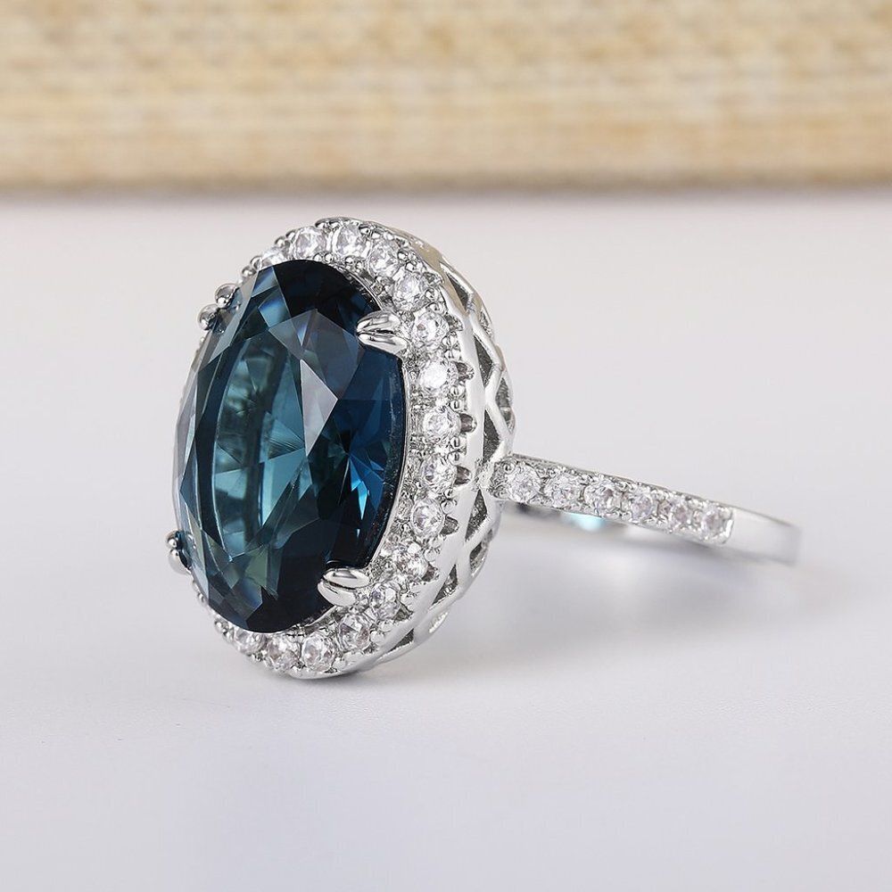 😍Noble Hollow Anillos Super Large Oval Pure Royal Blue CZ Silver Ring, L263 - Picture 4 of 9